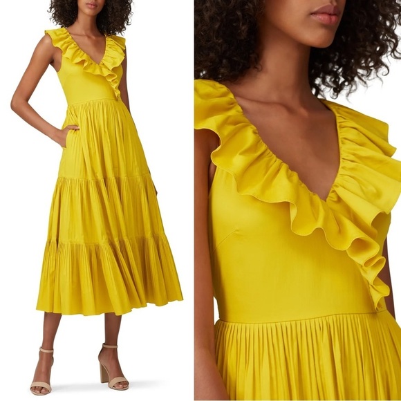 Kate Spade • Poplin Ruffle Tiered Dress mustard yellow gold cotton maxi midi - Picture 3 of 14